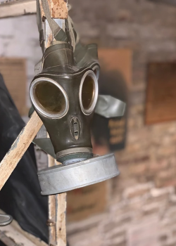 A gas mask from the air raid shelter
